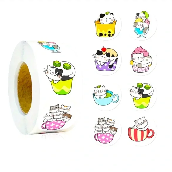 Roll of 500 Playful Kitty Cats in Cups and Mugs Cute