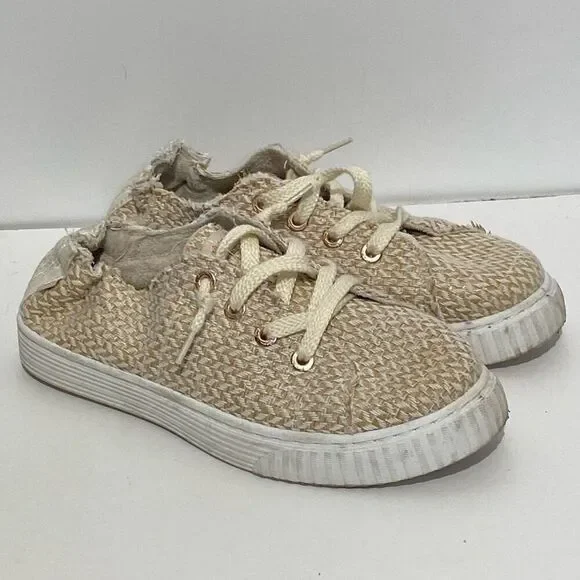 Tommy Bahama Women's Beige Tan Woven Linen Straw Lace Up Sneaker Shoes Size 9.5