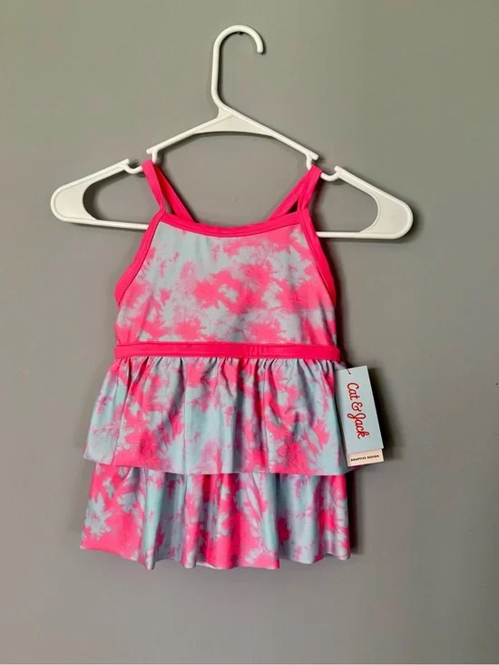 Cat & Jack Girls Swim Top Pink and Light Blue Ruffle Tier Adaptive
