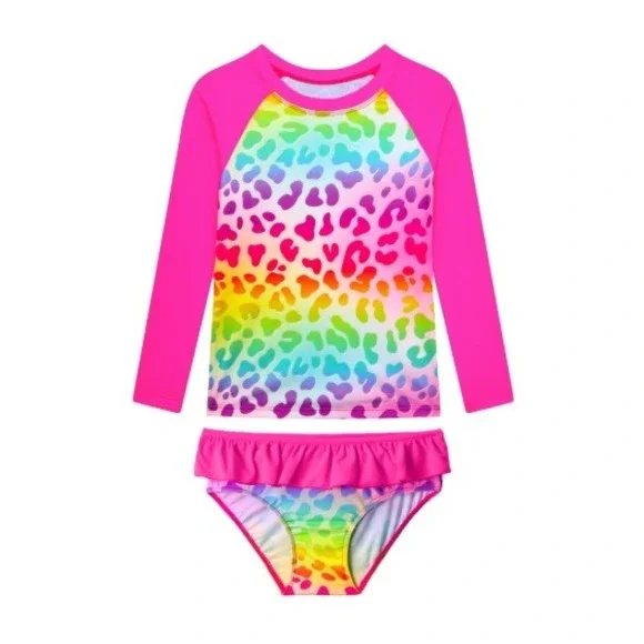 WhizBuzz Bathing Suit Girls 7 8 Rainbow Leopard Print Long‎ Sleeve Tankini 2pc