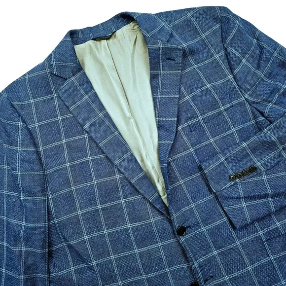 Brooks Brothers Sport Coat Mens 48R Blue Linen Cotton Windowpane Regent Blazer