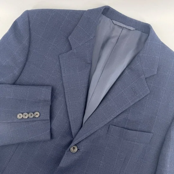 Hickey Freeman Boardroom Collection‎ Wool Cashmere Windowpane Blazer 42 Reg Navy