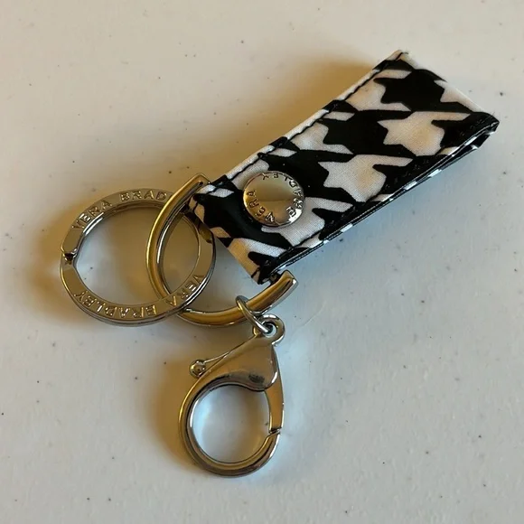 Vera Bradley Keychain Silver-tone Lobster Clip Key Ring Black White Houndstooth