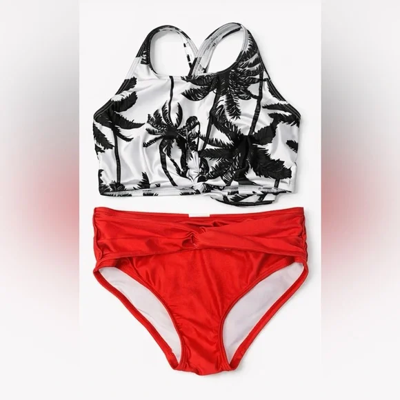 Girls Black & White Palm Print Two Piece Set with Red Bottoms Size 8