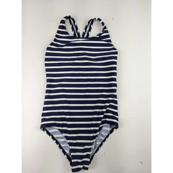 Land's End Navy & White Stripe Swimsuit Girls 8