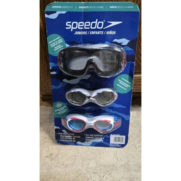 Speedo- 3 Unisex Swim Goggles Hydrospex Ages 6-14 Multi Color- UV Protection