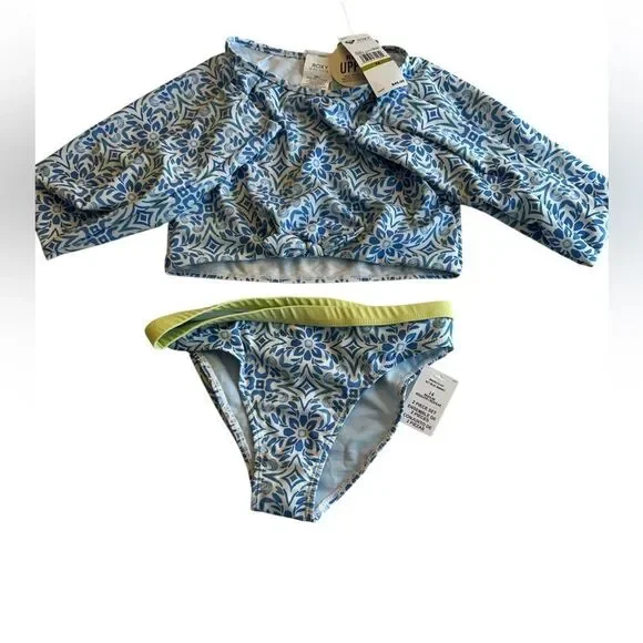 Roxy 2-pc. Fresco Tile Crop Rash Guard Set, Blue bonneT, Size 14, NWT