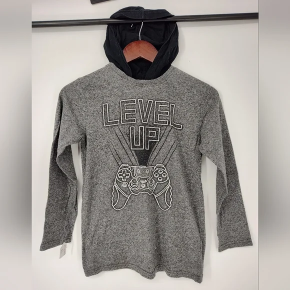 The Children's Place Gray Level Up Hooded Long Sleeve Tee Shirt Boys Large 10/12