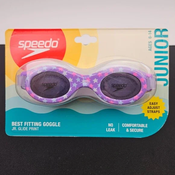 Speedo Junior‎ Glide Print Goggles Ages 6-14 Purple Stars Easy Adjust Straps New