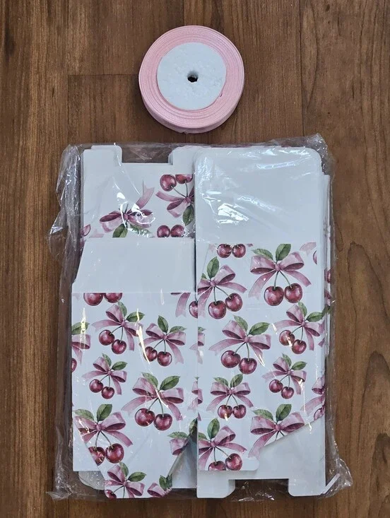 Cherry Print Gift Boxes with Pink Ribbon Accent 4