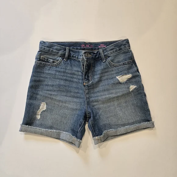 EUC- The Children's Place Mid-Rise Distressed Blue Denim Shorts Girls Size 12