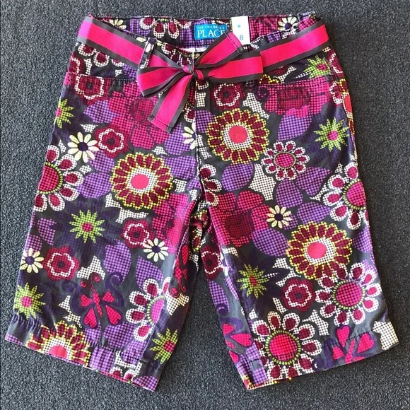 The Children's Place Girls 100% Cotton Floral Shorts Adjustable Waist Size 8