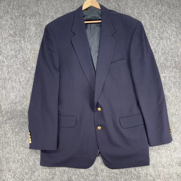 Lands End Blazer Mens 44 Long Blue Wool Gold Crest Buttons Jacket Made in USA