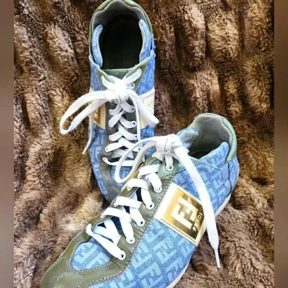 Authentic Fendi FF Logo Blue Canvas and Leather Women's  Sneakers
