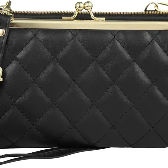 Small Crossbody Purse with Detachable Strap Black Quilted PU Leather Wallet
