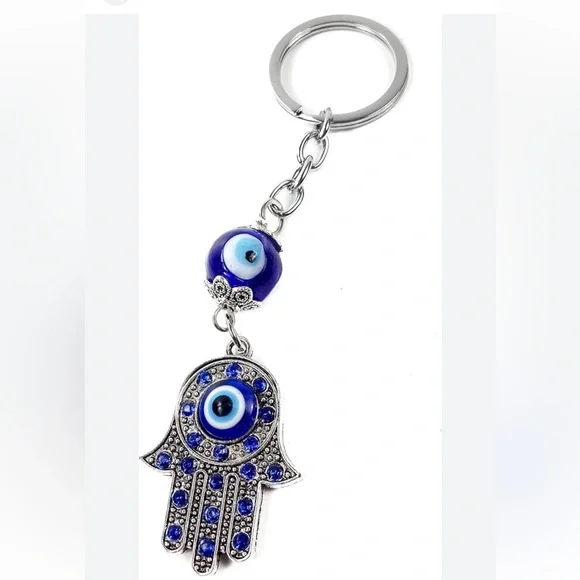 Silver and Blue Evil Eye Hamsa Keychain