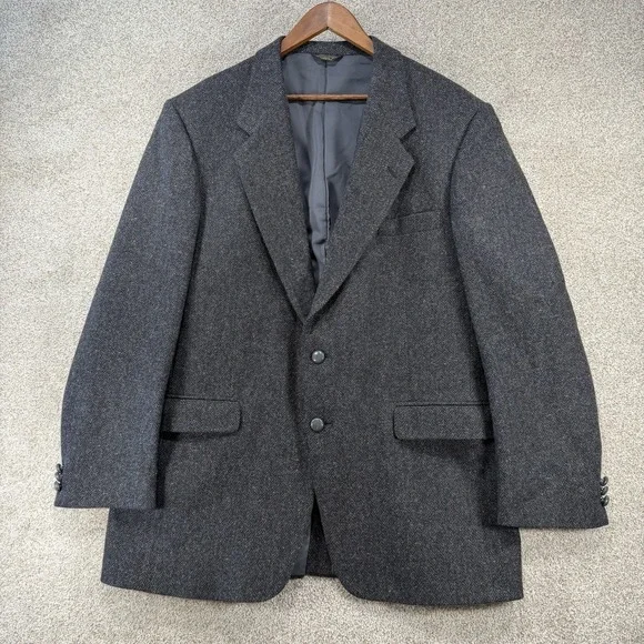 Farah VTG Sports Coat Wool Blazer 44L Herringbone Grey Academia Business Casual