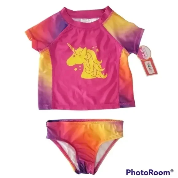 Toddler Girl Swimsuit Unicorn Pink Rashguard Set Swimwear 2‎ Piece