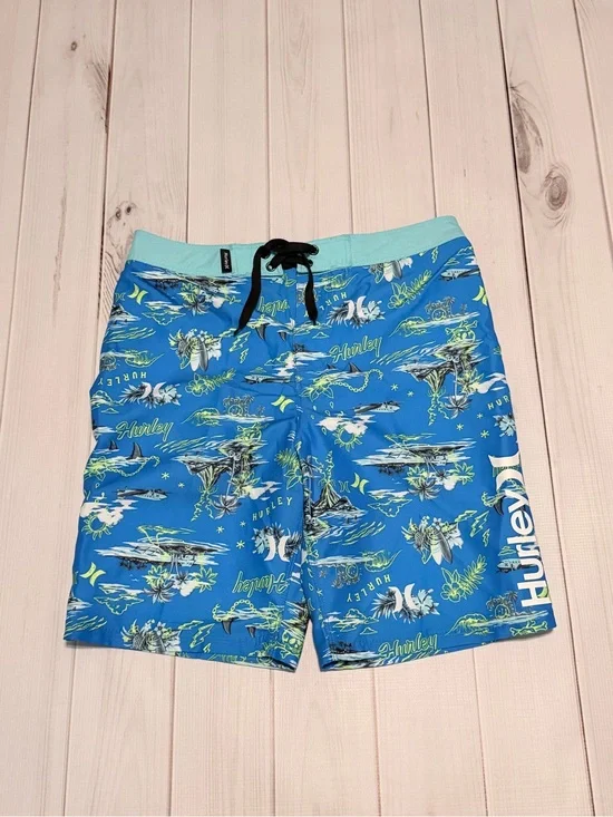 Hurley Blue Tropical Print Swim Shorts with Mint Waistband