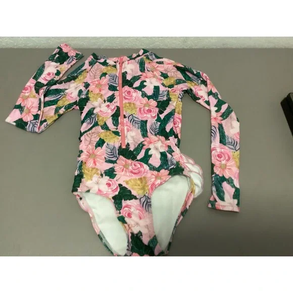 Tame the Sun Swimsuit Kids 7 Pink Floral Long Sleeve Ruffles Tropical