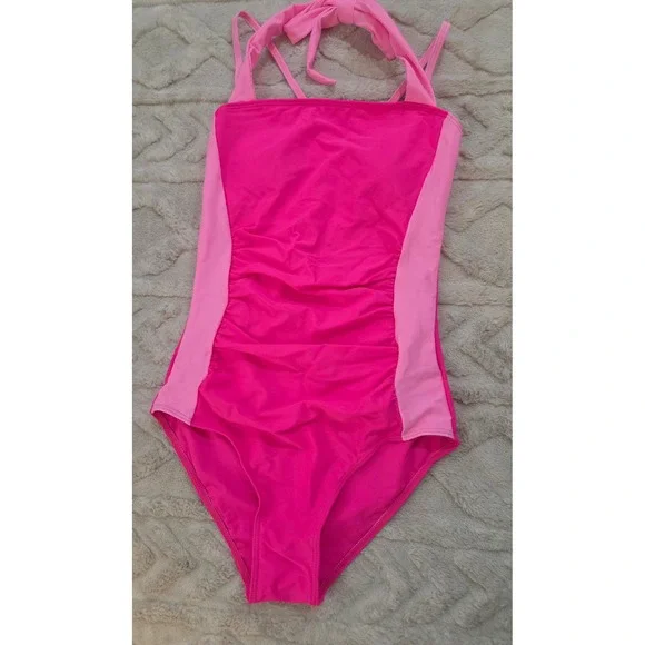 Donwen Girls Hot Pink Ruched One Piece Swimsuit Halter Neck Size 13-14Y NEW