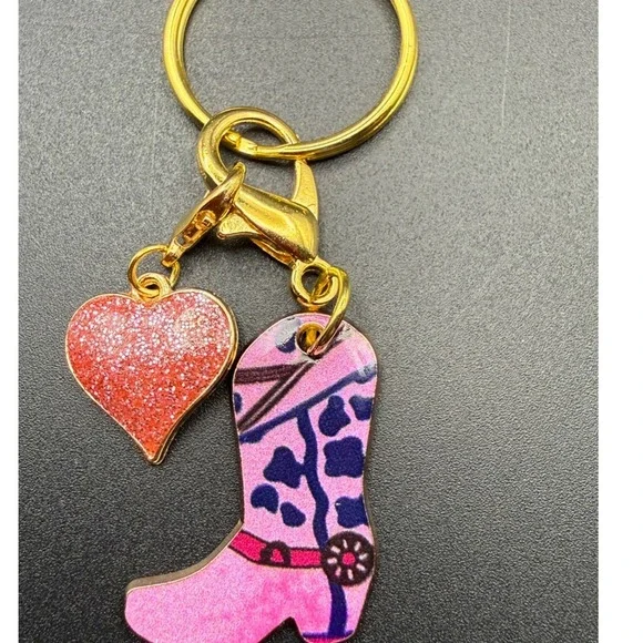Cowgirl Boot Heart Charm Keychain Pink Western Style Glitter Sparkle Gold Tone‎