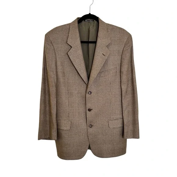 Vintage Valentino Uomo Silk Wool Blend Blazer Size 40R‎ Brown Glen Plaid Italy