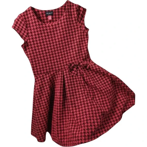 The Children's Place Girls XL 14 Pink Black Houndstooth Fit Flare Dress Knit