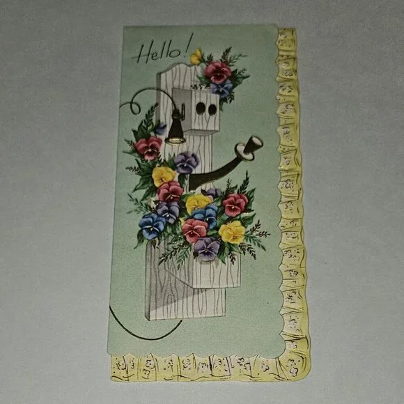 VTG Hello Best Wishes Embossed Greeting Card Scalloped Flowers NEVER USED