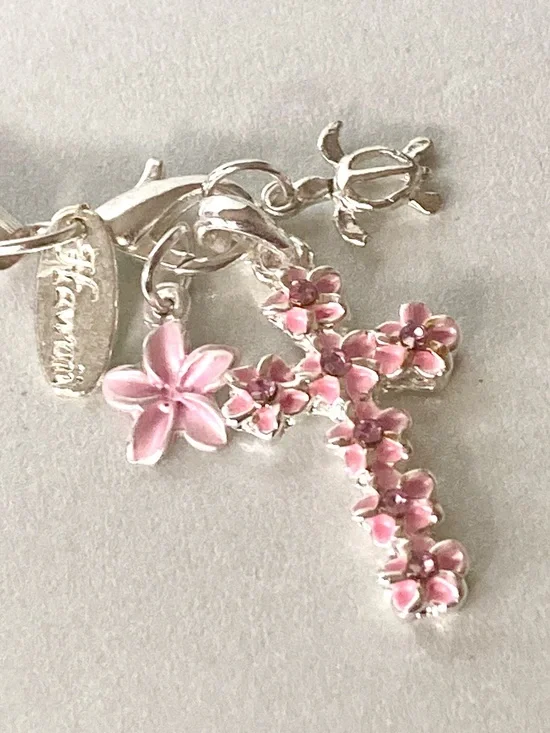 Laule’a Hawaii NWOT Pink Floral Cross phone Charm Silver Tone accessory