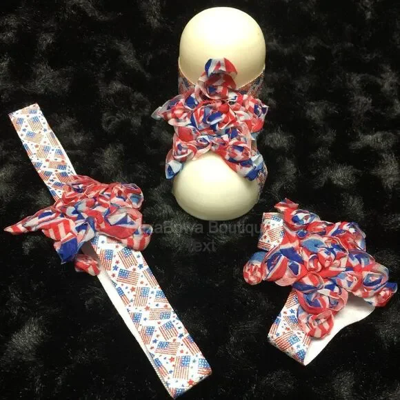 Red, White & Blue Star Barefoot Sandals & Headband Set  BFS704  Handmade NWT