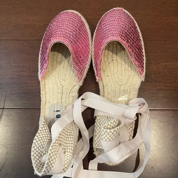 nwot nwob manebi pink metallic Espadrille Flats with laces 38 7.5