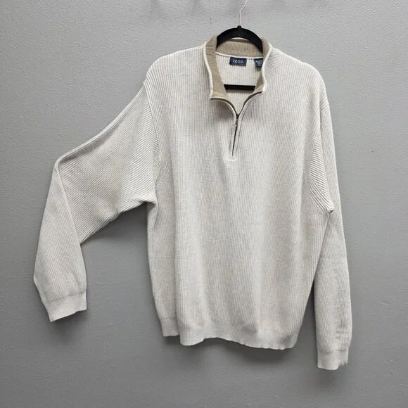 Izod Sweater Mens 2XL Beige Quarter Zip Mock Neck Rib Knit 100% Cotton Pullover
