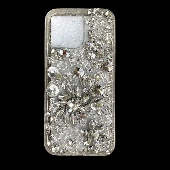 Silver Rhinestone iPhone 16 Pro Max Case with Camera Cutout