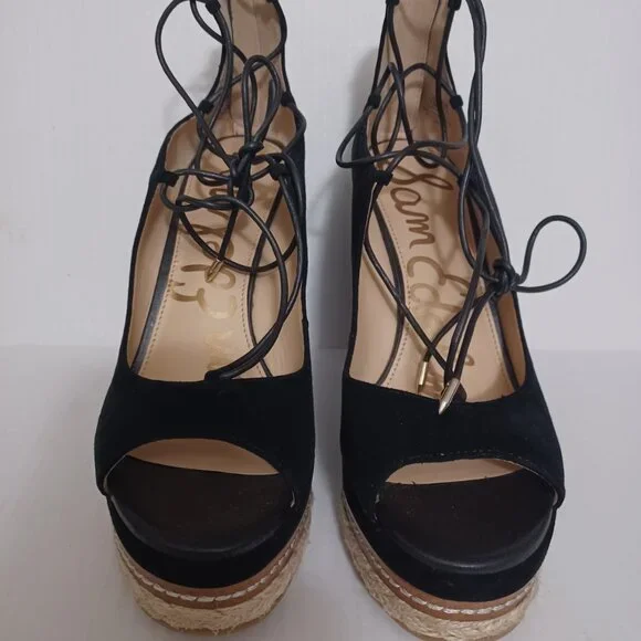 SAM EDELMAN HARRIET SUEDE ESPADRILLE WEDGE PLATFORM SANDALS BLACK SIZE 7.5
