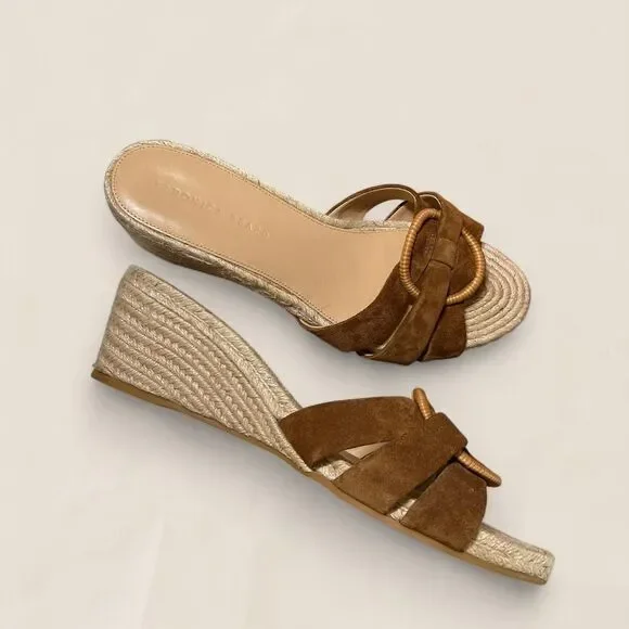 Veronica Beard Ivy Espadrille Wedge Sandal cognac suede raffia buckle size 11