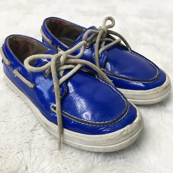 Burberry Kids Blue Patent Leather Lace Up Topsiders Shoes Size 32