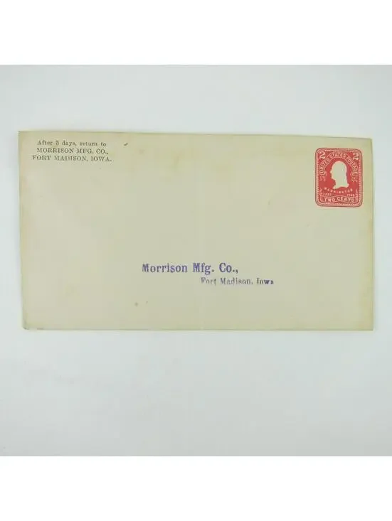 US Postal Stationery Morrison Mfg Co Fort Madison Iowa 2 cent Washington Antique