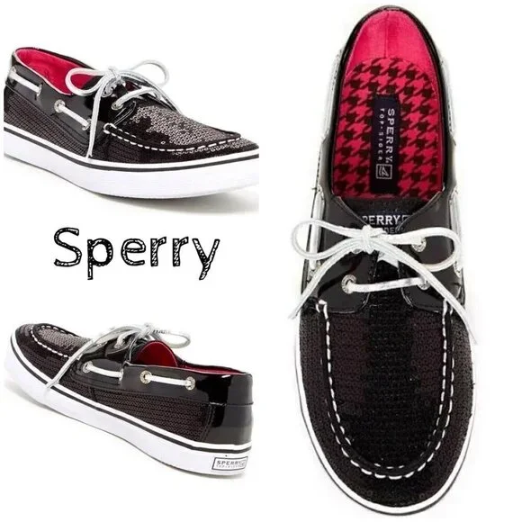 Sperry Bahama Black Patent Sequin Boat Shoes | Metallic Silver Laces | Size 4M