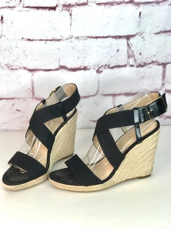 BANANA REPUBLIC TECLA Black Canvas Sz 9 Espadrille Wedge Crossover Ankle Strap