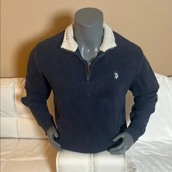 U.S. Polo Assn. Men’s Blue & White Quarter Zip Sweater Sherpa Neck Size XL