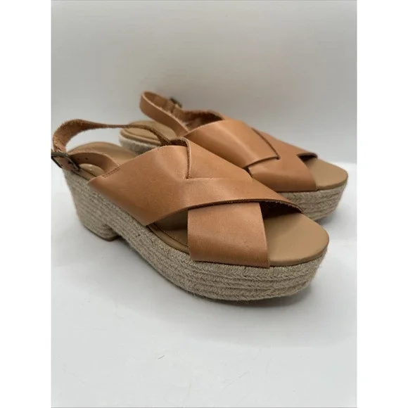 NEW Soludos Women Shoes Leather‎ Sandals Espadrille Wedge Block Heel Tan Size 8
