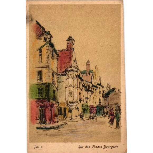 Vintage Paris Postcard Rue Des Francs Bourgeois Illustration French Artwork