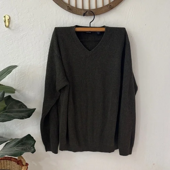 Izod Men’s 100% Cotton Green Ribbed Stretch V Neck Pullover Sweater Large