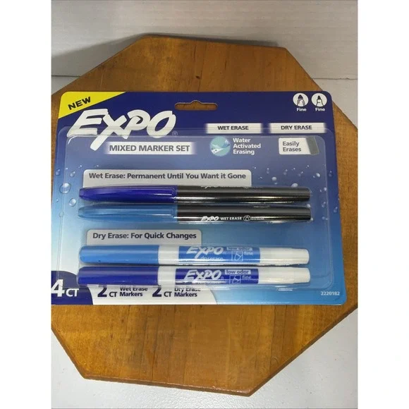 EXPO 4 Count Mixed Marker Set Blue Wet & Dry‎ Erase Fine Tip New