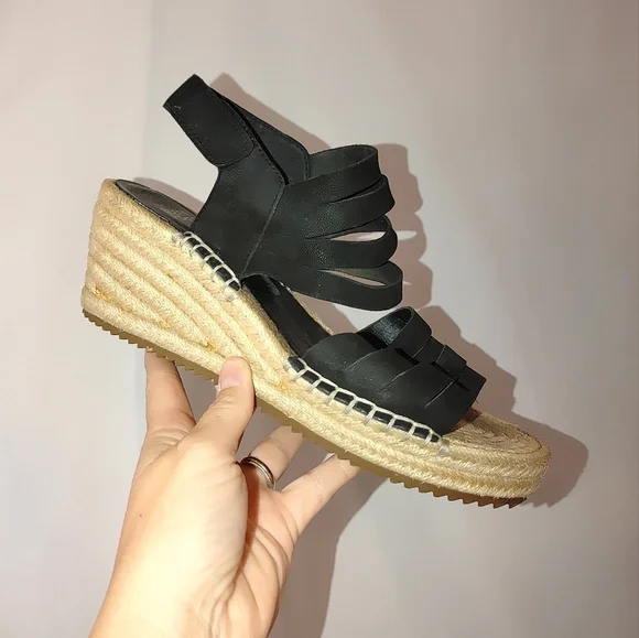 Eileen Fisher LARGO Espadrille Wedge Sandal Women's Black Leather 8.5 Platform‎