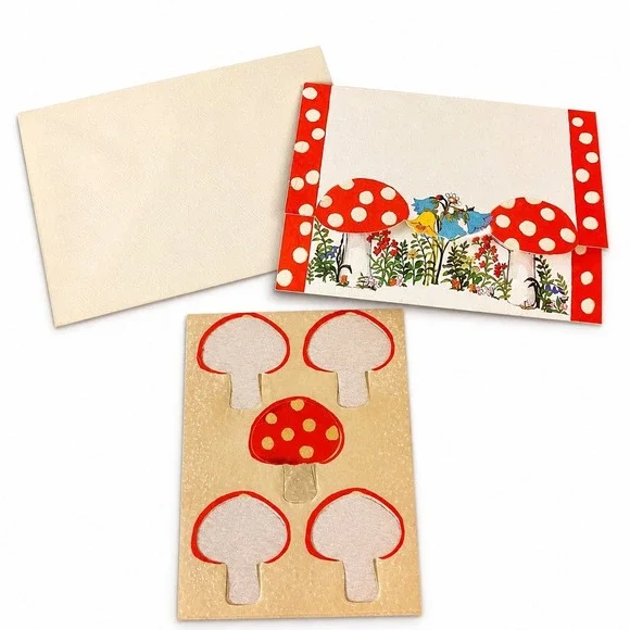 Vintage Mushroom‎ Stationery Ephemera Hallmark 70s Bird Floral Card Seal