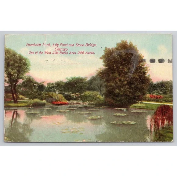 Humboldt Park Lily Pond Stone Bridge Chicago Postcard 1910