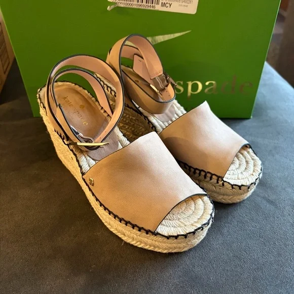 Kate Spade Nude Leather Espadrille Wedge Sandals Size 5