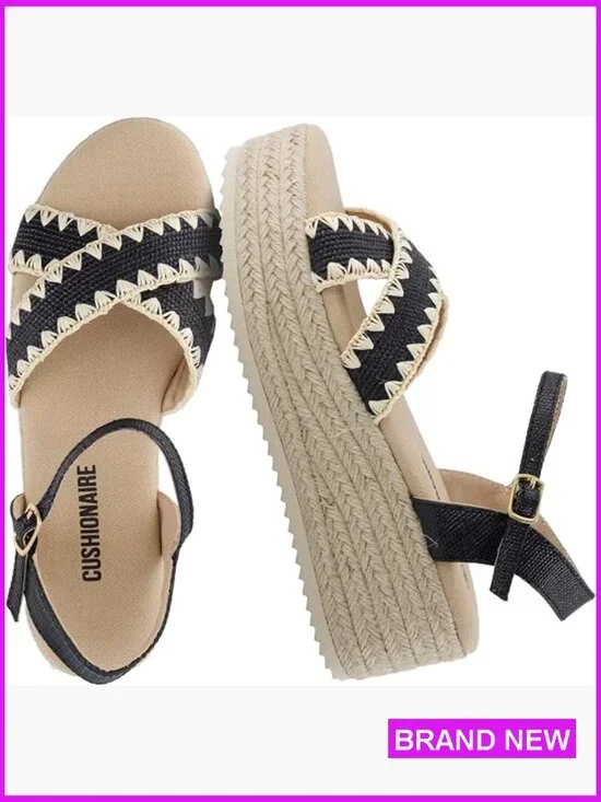 Raffia Espadrille Platform Sandals Open Toe Adjustable Ankle Strap Cushioned